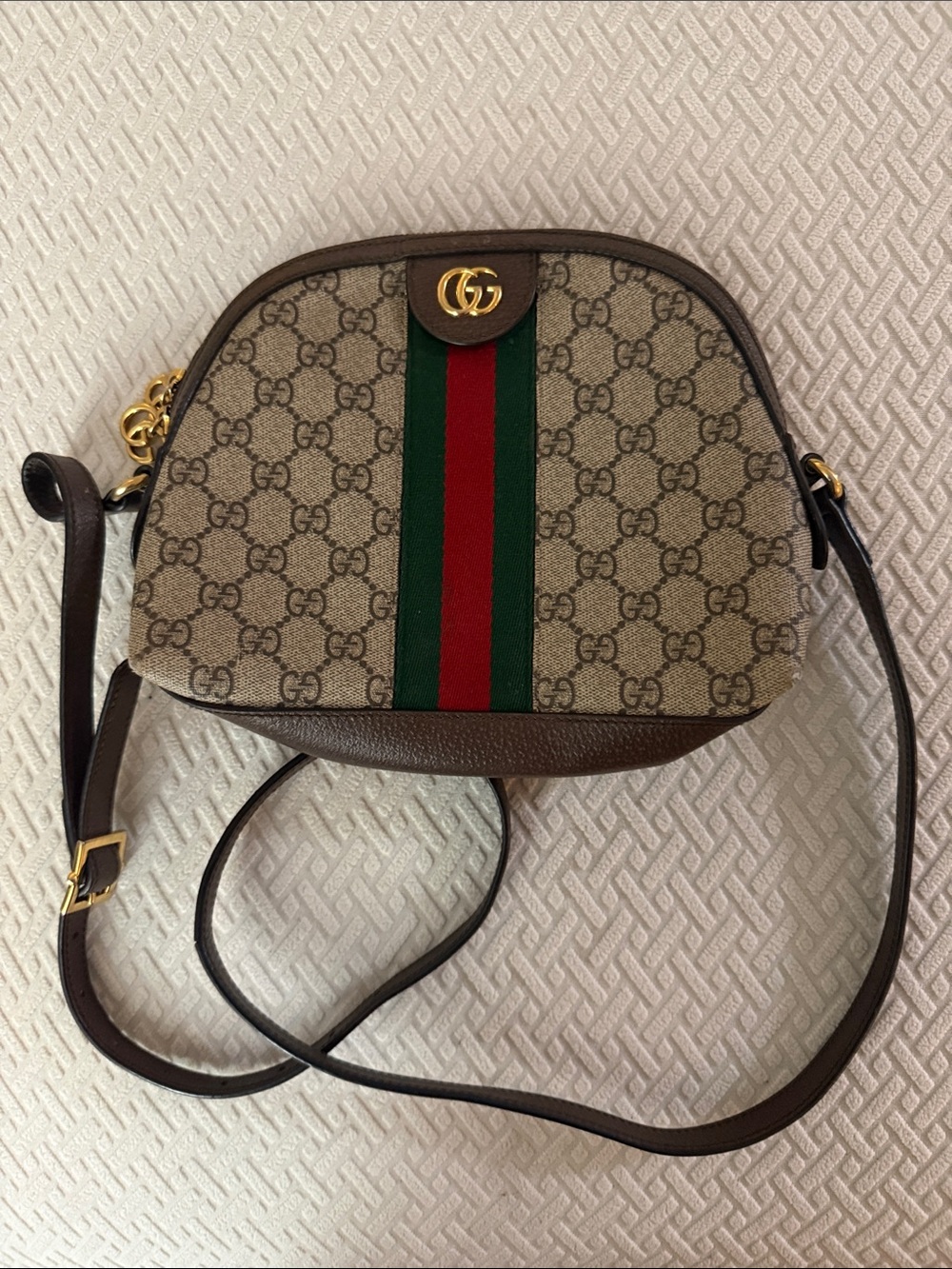 Gucci Brown GG Supreme Crossbody with Green & Red Web